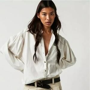 WE THE FREE Happy Hour Button Up Shirt Womens S White Boxy Oversized Puff Sleeve